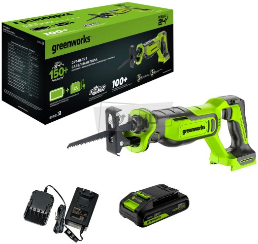 Сабельная пила аккумуляторная GreenWorks GPT-BLRS-1 24В, с АКБ 2 Ач и ЗУ - фото №1