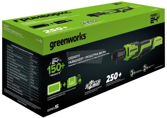 Гайковерт-трещотка аккумуляторная Greenworks GD24RW 24В, с АКБ 2 Ач и ЗУ с сумкой - фото №5