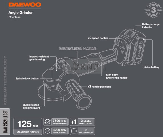 Угловая шлифмашина аккумуляторная DAEWOO DAG 2521Li SET с АКБ 4 Ач и ЗУ - фото №11