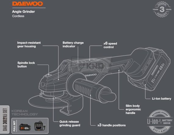 Угловая шлифмашина аккумуляторная DAEWOO DAG 3021Li SET с АКБ 4 Ач и ЗУ - фото №10