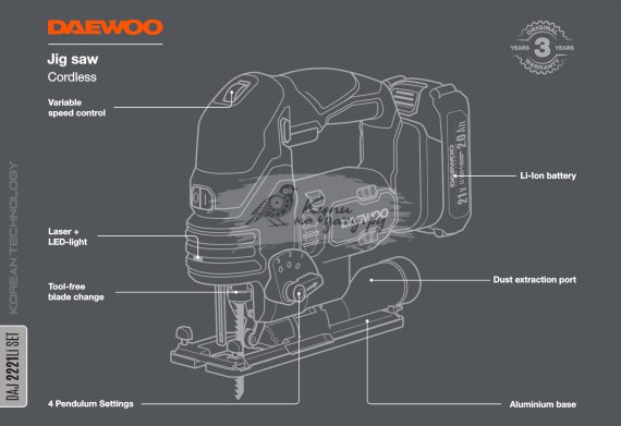 Лобзик аккумуляторный DAEWOO DAJ 2221Li SET с АКБ 2 Ач и ЗУ - фото №2
